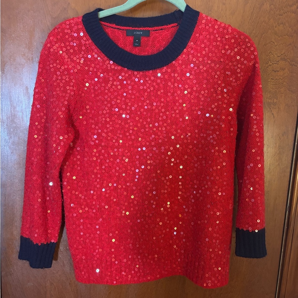 J. Crew Red Sequin Crew Neck Sweater